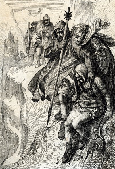 El rey de los romanos Enrique IV pasando el paso del Monte Cenis para cruzar los Alpes e ir a la condesa Matilde de Toscana a Canossa donde el Papa Gregoire VII, enero de 1077" (Enrique IV cruzó los Alpes por el paso del Monte Cenis para llegar al castillo de Peter Johann Nepomuck Geiger