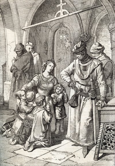 El asesinato de la noble dama Inés de Castro (1320-1355), segunda esposa de Pedro I de Portugal en el monasterio Santa Clara de Coimbra, Portugal 1355 (Wife of King Peter I of Portugal Ines Castro