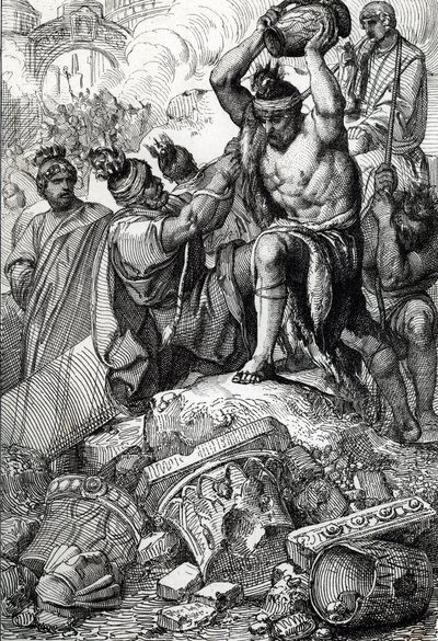 La bolsa de Roma (Italia), en 410, tomada de la ciudad y saqueada por los visigodos dirigidos por Alarico (370-410) (Saqueo de Roma por los visigodos dirigidos por Alarico I en 410, durante el reinado del emperador Honorio) Dibujo a pluma extraído de "Hist de Peter Johann Nepomuck Geiger
