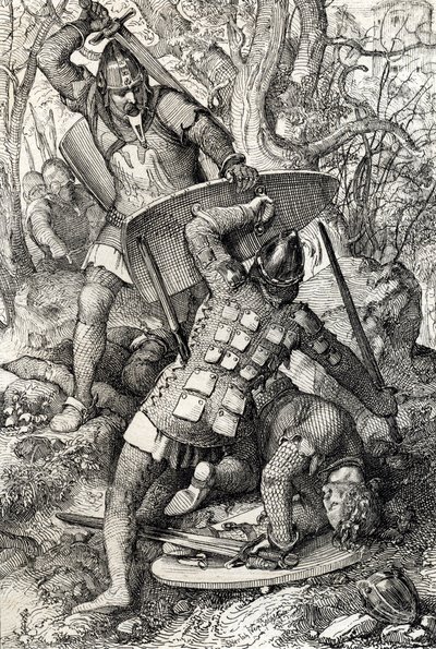 La muerte de Ernesto II de Suabia (1010-1030) en una batalla contra el eveque de Constanza, Alemania (La muerte de Ernesto II, duque de Suabia en Constanza, Alemania de Peter Johann Nepomuck Geiger
