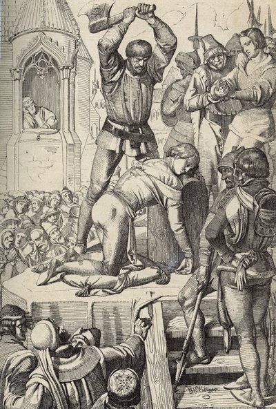 La ejecución de Conradino (o Conrado de Hohenstaufen) rey de Sicilia y duque de Suabia (1252-1268) por orden de Carlos de Anjou tras la batalla de Tagliacozzo en 1268 (Ejecución de Conradino (o Conrado el joven), último rey Staufer de Sicilia, tras de Peter Johann Nepomuck Geiger