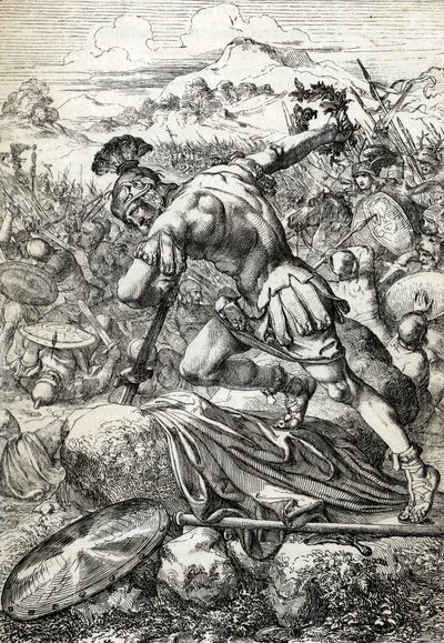 El suicidio del general romano Varo (Publio Quinctilio Varo) (46 a.C.-9 d.C.) sobre su espada en la batalla de Teutoburgo (Teutoburger Wald o Teutberg) que enfrentó a los romanos con los germanos en el año 9 d.C. (Suicidio del general romano Varo en la bat de Peter Johann Nepomuck Geiger