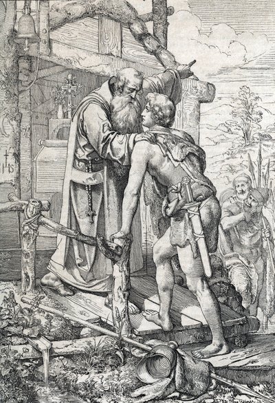 El joven Odoacro (h. 433-493) recibiendo la bendición de Severino, Apotre de Norique, h. 470 (Odoacro conoce al monje Severino de Noricum, quien le enseña que un día llegaría a ser famoso, 470 ca) Dibujo a pluma extraído de "Historische Memorabilian des de Peter Johann Nepomuck Geiger