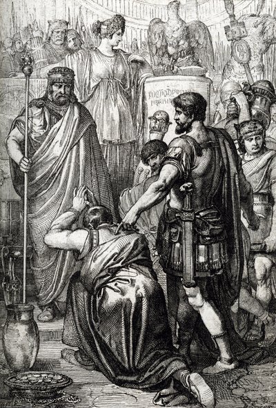 Guerra vándala: "La rendición del rey de los vándalos Gelimer se arrodilla ante el general bizantino Belisaire (500-565) en marzo de 534, Cartago, África" (Guerra vándala: el rey de los vándalos Gelimer se rinde ante el general Belisario, 534, África) Dibu de Peter Johann Nepomuck Geiger