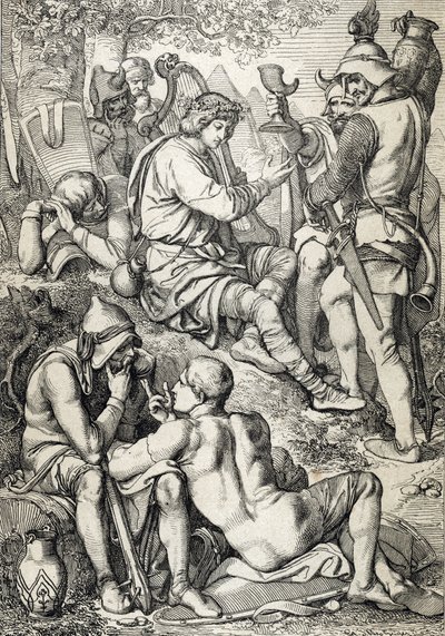 Guerra contra los vikingos: "El rey de Wessex Alfredo I el Grande (846-899) disfrazado de arpista entra en el campamento de Guthrum para derober sus planes de batalla, Somerset 878 (El rey Alfredo el Grande, disfrazado de músico, viendo la situación del en de Peter Johann Nepomuck Geiger