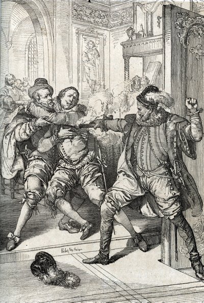 Guerra de los Cuatro Veinte Años (1568-1648): "El asesinato de Guillermo de Orange llamado Guillermo el Taciturno (1533-1584) el 10/07/1584 por Baltasar Gerard durante la Guerra de los Ochenta Años (u 80 años) (revuelta de Gueux o revuelta holandesa)" (Ase de Peter Johann Nepomuck Geiger