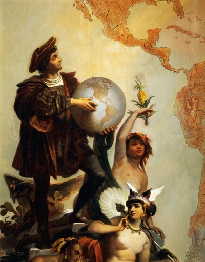 Cristóbal Colón (1451-1506), detalle de Alegoría sobre Carlos V de Habsburgo (1500-1558) como gobernante del mundo, pintura de Peter Johann Nepomuk Geiger (1805-1880), Salón del Trono, castillo de Miramare, Trieste, Friul-Venecia Julia, Italia. de Peter Johann Nepomuk Geiger