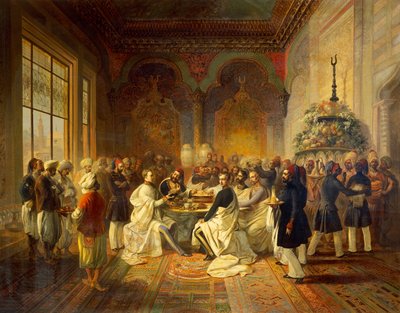 Almuerzo proporcionado en Esmirna por Halim Pasha, ilustración de El viaje de Maximiliano de Habsburgo y su hermano Carlos Luis en el Mediterráneo, de Peter Johann Nepomuk Geiger de Peter Johann Nepomuk Geiger