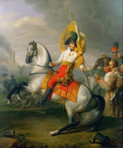 Archiduque Carlos con la bandera del regimiento Zach en la batalla de Peter Krafft