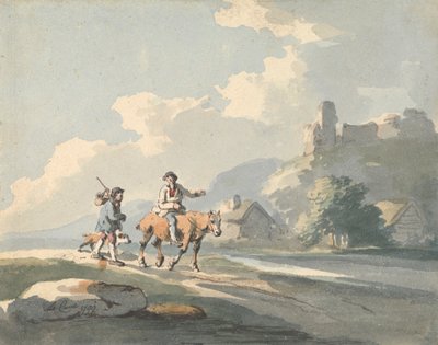 Composición: dos viajeros y un perro en una carretera que pasa junto a casas de campo, con ruinas en una colina de Peter La Cave