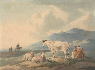 Paisaje de montaña: con vacas y cabras en primer plano y figuras, a la izquierda de Peter La Cave