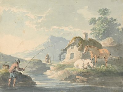 Escena rústica: hombre pescando, a la izquierda; casa de campo con molino de agua y caballos, a la derecha. de Peter La Cave