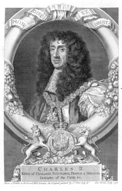 Carlos II (1630-85) Rey de Gran Bretaña e Irlanda desde 1660, grabado por George Vertue (1684-1756) 1736 de Peter Lely
