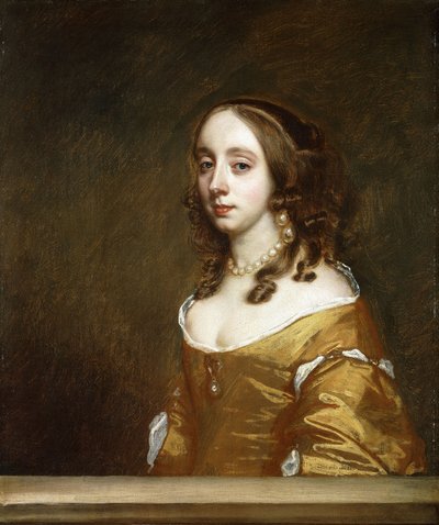 Retrato de una Dama de la Familia Popham, medio cuerpo, detrás de una Ventana, con un Vestido Naranja de Peter Lely