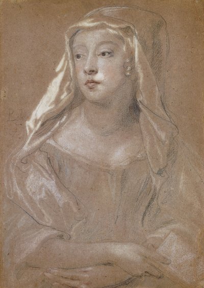 Retrato de una joven, tradicionalmente identificada como Sarah Jennings, duquesa de Marlborough, medio cuerpo, sosteniendo un libro, sus manos cruzadas en su regazo, su tocado drapeado sobre sus hombros, 1667 de Peter Lely