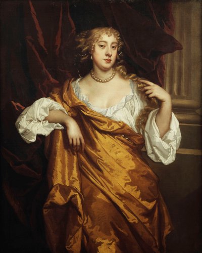 Retrato de la Hon. Mary Wharton, de pie de tres cuartos de longitud, en una Camisa Blanca y Túnica Amarilla junto a una Columna con Cortina Marrón de Peter Lely