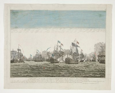 Representación de la memorable acción entre la flota británica al mando del almirante Lord Rodney y la flota francesa comandada por el conde de Graffe, entre las islas de Domenica y Guadalupe el 12 de abril de 1782 de Peter Mazell