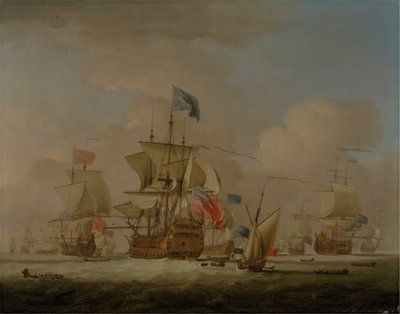 Hombres de guerra británicos y un balandro de Peter Monamy