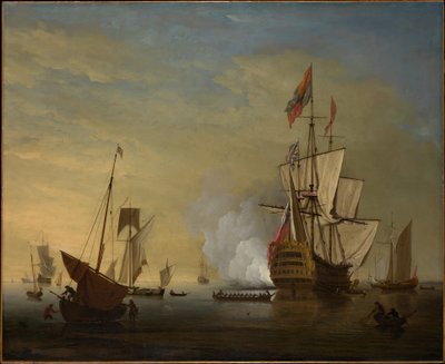 Escena portuaria: un barco inglés con las velas desplegadas dispara un cañonazo de Peter Monamy