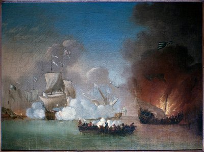 Batalla naval entre un barco de guerra portugués y galeras piratas espinosas - Pintura de Peter Monamy (activo entre 1681 y 1749), óleo sobre lienzo, circa 1685 de Peter Monamy