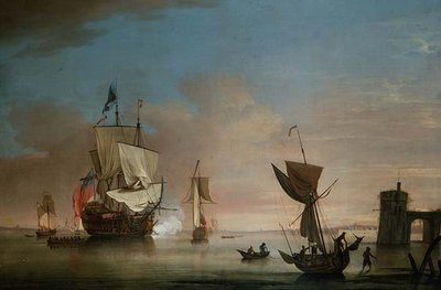 El cañón de la mañana, barco de dos cubiertas con otros barcos de Peter Monamy