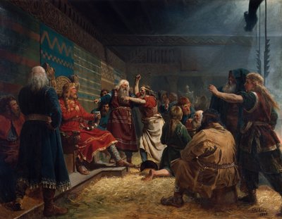 Haakon el bueno y granjeros en el sacrificio de jaula. de Peter Nicolai Arbo