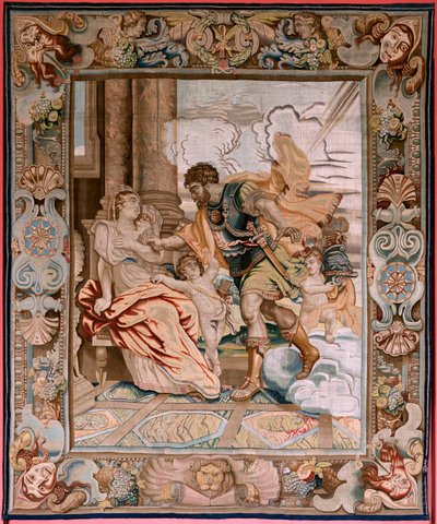 Tapiz flamenco. Serie Historia del cónsul Decius Mus. Marte se aparece a Rhea Silvia (Aparición de Marte a Rea Silvia). Octavo tapiz de la serie. Modelo PP Rubens. Fabricación Jan Raes II, Bruselas. Ca1620-1629. Tela Oro, plata, seda y lana. de Peter Paul (after) Rubens