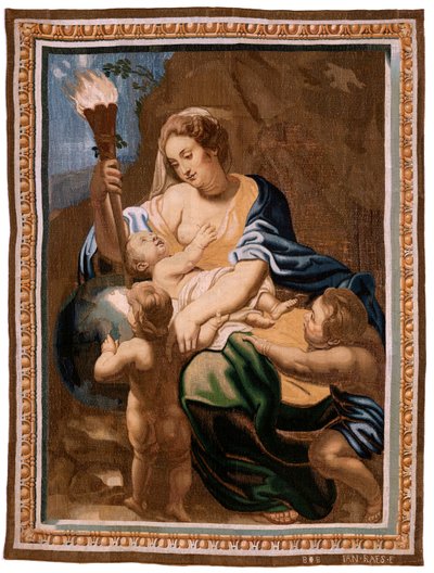 Tapiz flamenco. Serie El Triunfo de la Eucaristía. Alegoría de la Caridad iluminando al mundoà. Vigésimo tapiz de la serie. Modelo Peter Paul Rubens. 1626-1628. Manufactura Jan II Raes, Bruselas de Peter Paul (after) Rubens