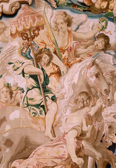 Tapiz flamenco. Serie El Triunfo de la Eucaristía. El Triunfo de la Iglesia (El Triunfo de la Iglesia). Octavo tapiz de la serie. Modelo Peter Paul Rubens. 1626-1628. Manufactura Jan II Raes, Bruselas de Peter Paul (after) Rubens
