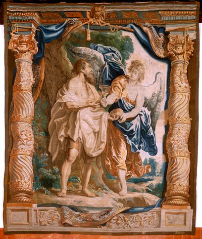Tapiz flamenco. Serie El Triunfo de la Eucaristía. El profeta Elías es consolado por el ángel (El profeta Elías confortado por el ángel). Quinto tapiz de la serie. Modelo Peter Paul Rubens. 1626-1628. Fabricación Jacob II Geubels, Bruselas de Peter Paul (after) Rubens