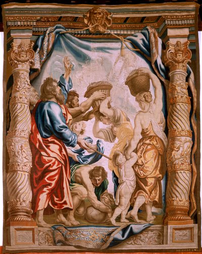 Tapiz flamenco. La caída del maná en el desierto (La caída del maná en el desierto). Serie El Triunfo de la Eucaristía. Tercer tapiz de la serie. Modelo Peter Paul Rubens. 1626-1628. Manufactura Jan II Raes, Jacob II Geubels, Hans Vervoert, Ja de Peter Paul (after) Rubens