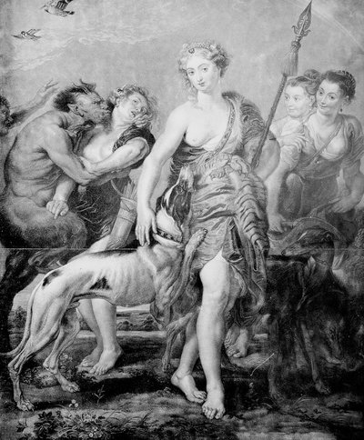 Diosa Diana y su séquito, sorprendidos por el demonio Sátiro de Peter Paul (after) Rubens
