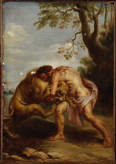 Hércules y el león de Nemea (óleo sobre lienzo) de Peter Paul (after) Rubens