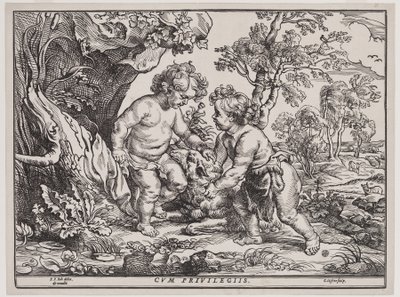 Cristo Infante y San Juan jugando con un cordero, grabado por Christoffel Jegher (1596-1653), después de 1632 de Peter Paul (after) Rubens