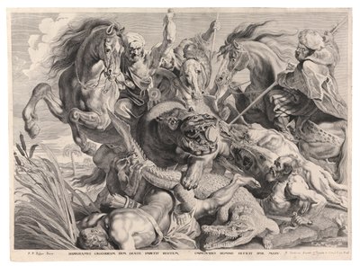 La caza del hipopótamo y el cocodrilo (grabado) de Peter Paul (after) Rubens