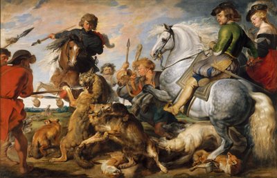 Caza de lobos y zorros, c.1616 (óleo sobre lienzo) de Peter Paul (and studio) Rubens