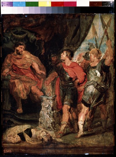 Mucius Scaevola devant Porsenna (Mucius Scaevola ante Porsenna). Cayo Mucio Scaevola, joven patricio romano capturado por la guardia real de Porsenna (Porsinna, Porsena) de Peter Paul (studio of) Rubens
