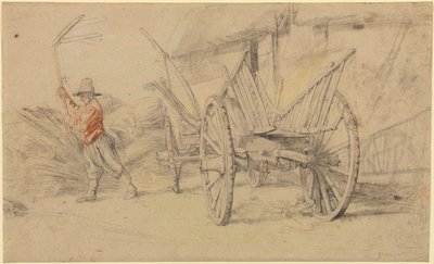 Un hombre trillando junto a un carro, edificios agrícolas detrás de Peter Paul Rubens
