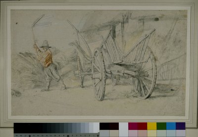 Un hombre trillando junto a un carro, edificios de granja detrás de Peter Paul Rubens