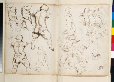 Vista posterior del mármol romano del Niño con un ganso en su "cuaderno de dibujo" perdido conservado en el registro de Chatsworth, fol 64v-65r (pluma y tinta sobre papel). de Peter Paul Rubens