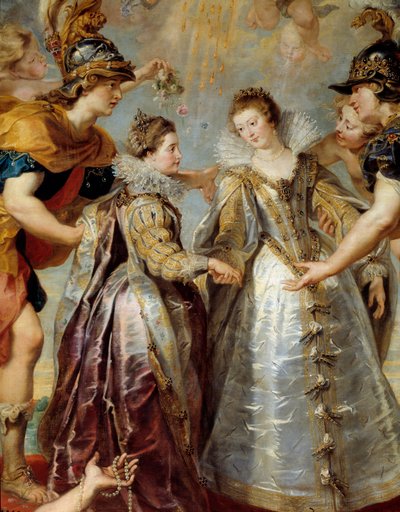 Intercambio de las dos princesas de Francia y España en el río Bidasoa en Hendaya, 9/11/1615. Representación alegórica del matrimonio entre Ana de Austria y Luis XIII por un lado, e Isabel de Francia y Felipe IV por el otro. de Peter Paul Rubens