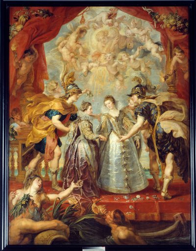 Intercambio de las dos princesas de Francia y España en el río Bidasoa en Hendaya, 9/11/1615 Representación alegórica del matrimonio entre Ana de Austria y Luis XIII por un lado, e Isabel de Francia (1602-1644) y Felipe IV por el otro. de Peter Paul Rubens