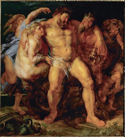 Hércules, borracho, conducido por una ninfa y un sátiro, c.1612-14 (pintura sobre madera de roble) de Peter Paul Rubens
