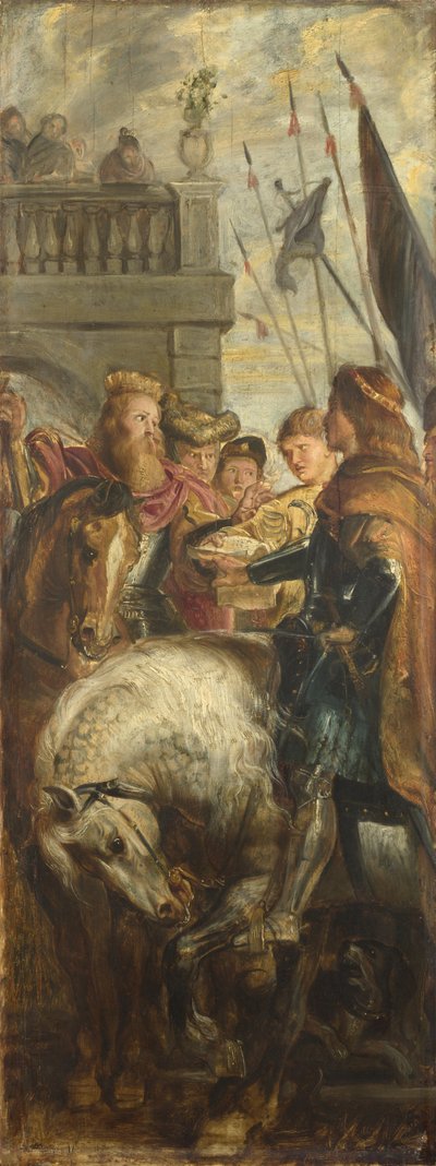 Reyes Clothar y Dagoberto disputan con un heraldo del emperador Mauricio. Boceto para el retablo mayor, San Bavón, Gante, 1611 de Peter Paul Rubens