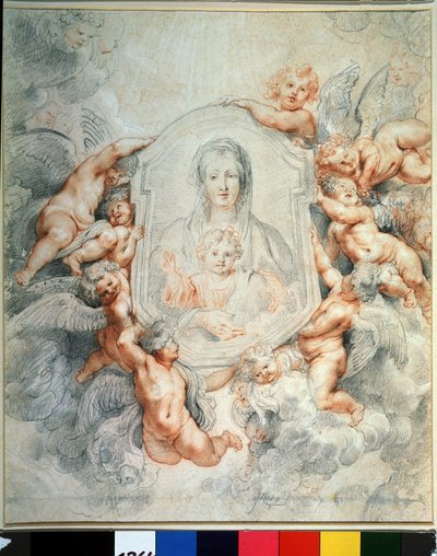La Virgen y el Niño adorados por los ángeles (Madonna adored by angels, Madonna della vallicella). Pintura en pintura. Dibujo de Peter Paul (Pierre-Paul) Rubens (o Peter Paul o Petrus Paulus) (1577-1640). Tiza y tiza roja sobre papel, 40,4 x 37 cm de Peter Paul Rubens