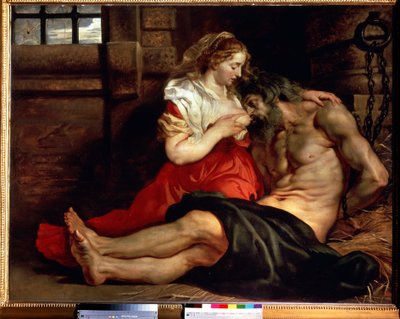 caridad romana. Una mujer amamanta a un hombre en prisión y continúa. Cimon condenado a morir de hambre en prisión se alimenta del pecho de su hija Pero. Pintura de Peter Paul (Pierre-Paul) Rubens (o Peter Paul o Petrus Paulus) (1577-1640). de Peter Paul Rubens