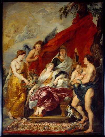 Luis XIII nació en Fontainebleau el 27 de septiembre de 1601. Su madre María de Médicis está sentada en el trono y mira al recién nacido de Peter Paul Rubens