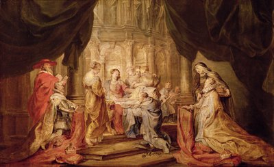 María dando a Ildefonso, Arzobispo de Toledo, la vestimenta, con el Archiduque Alberto VII y su Santo Patrón Alberto de Lovaina a la izquierda y la Infanta Isabel Clara Eugenia y su Santa Patrona Isabel de Hungría a la izquierda (boceto para el retablo) de Peter Paul Rubens