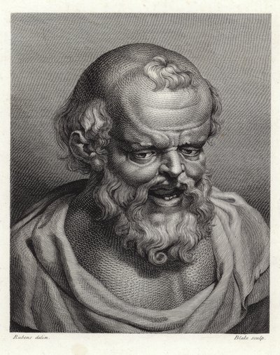 Retrato del antiguo filósofo griego Demócrito (grabado a puntos) de Peter Paul Rubens