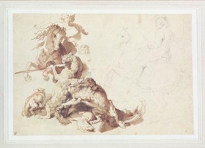 Sketch for a Wolf Hunt (lápiz con acuarela sobre papel) de Peter Paul Rubens